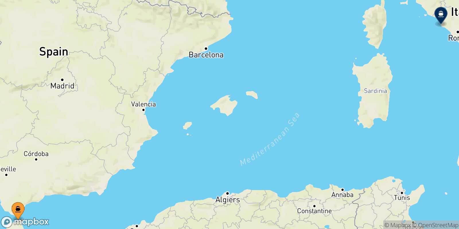 Mapa de la ruta Tánger Med Civitavecchia