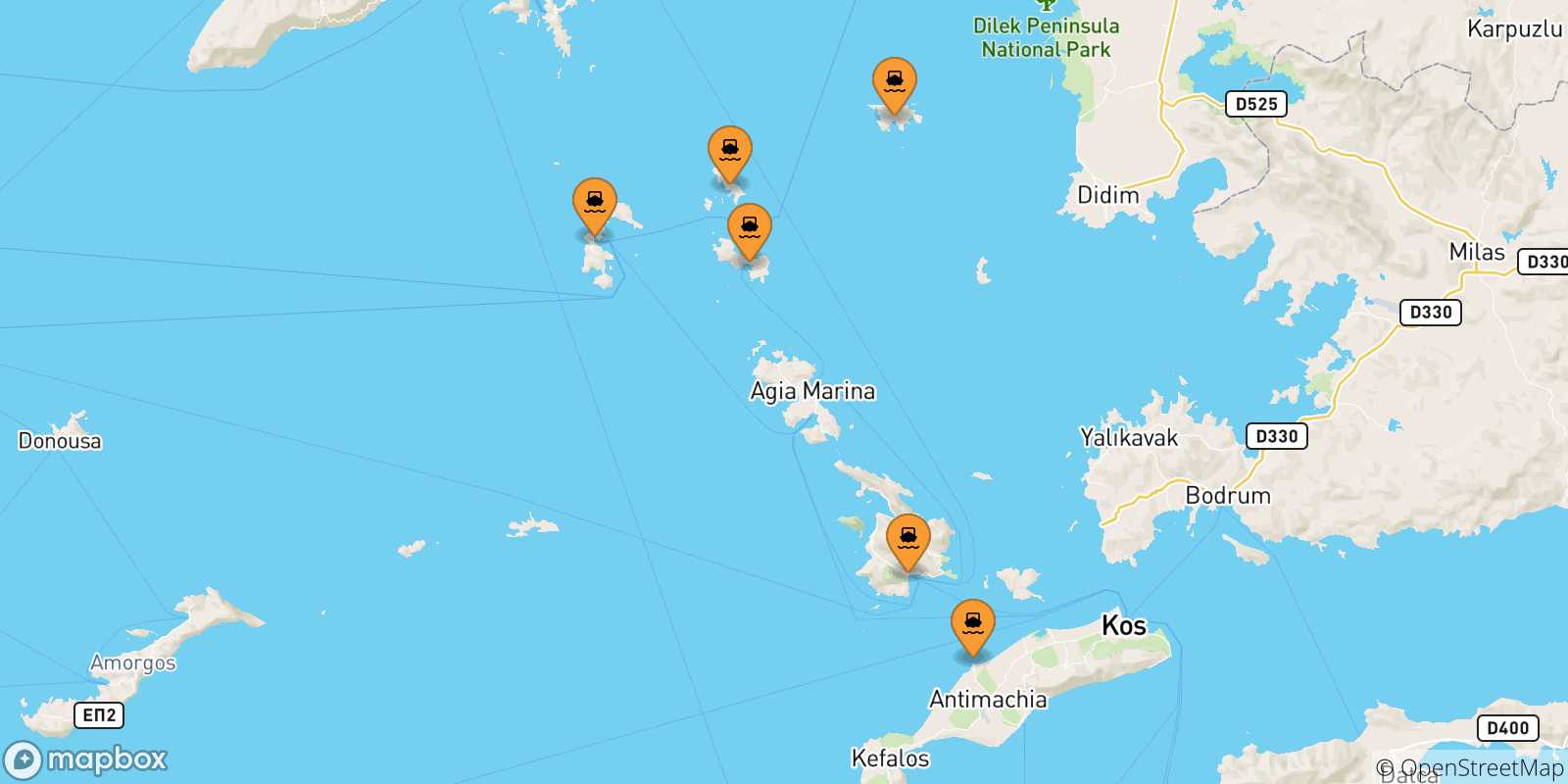 Mapa de las posibles rutas entre Dodecaneso y  Agia Marina (Leros)