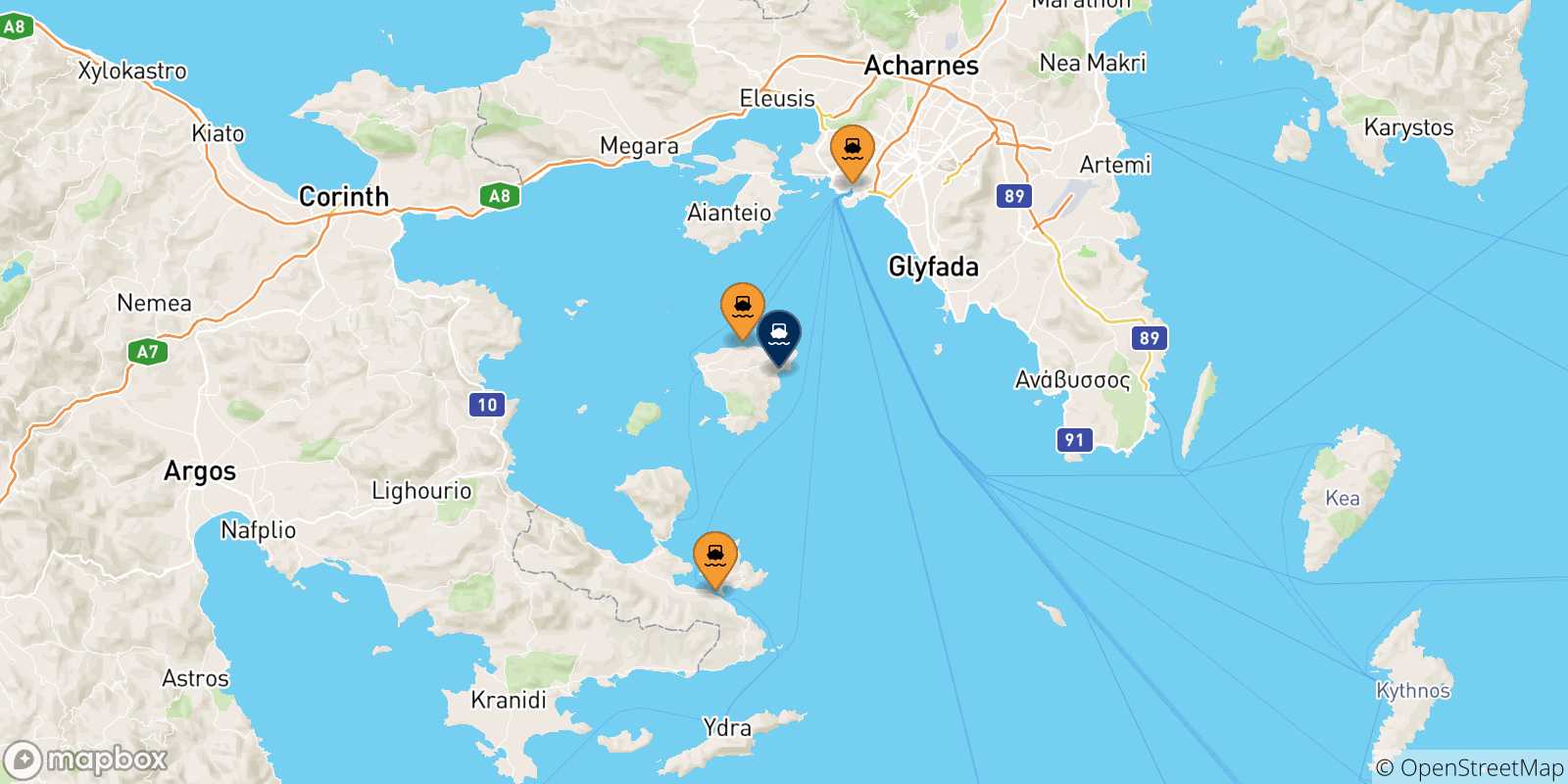 Mapa de las posibles rutas entre Grecia y  Agia Marina (Aegina)