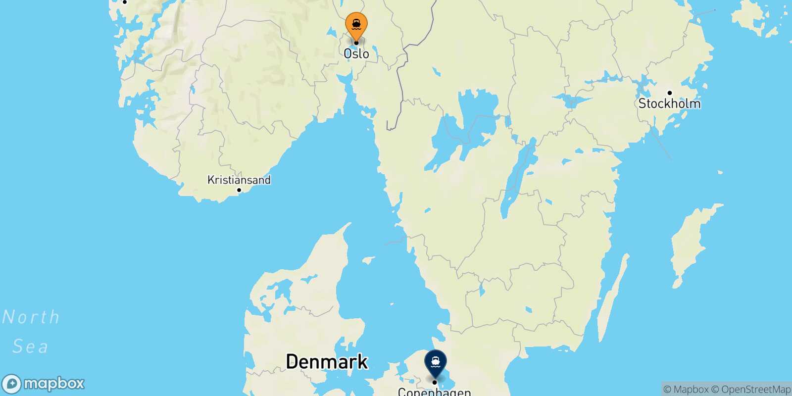 Mapa de la ruta Oslo Copenhague