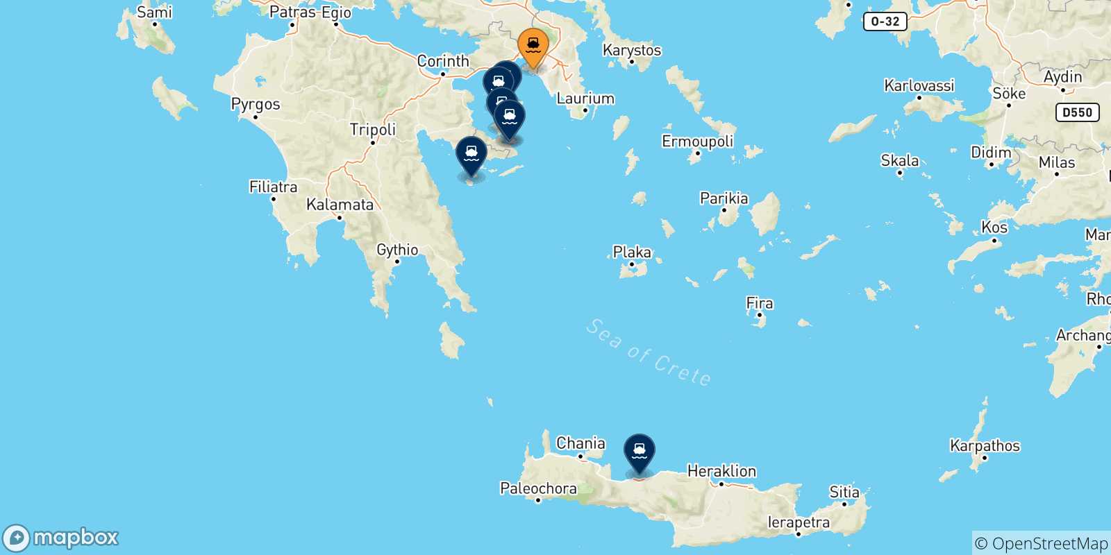 Mapa de las posibles rutas entre El Pireo y  Islas Sarónicas