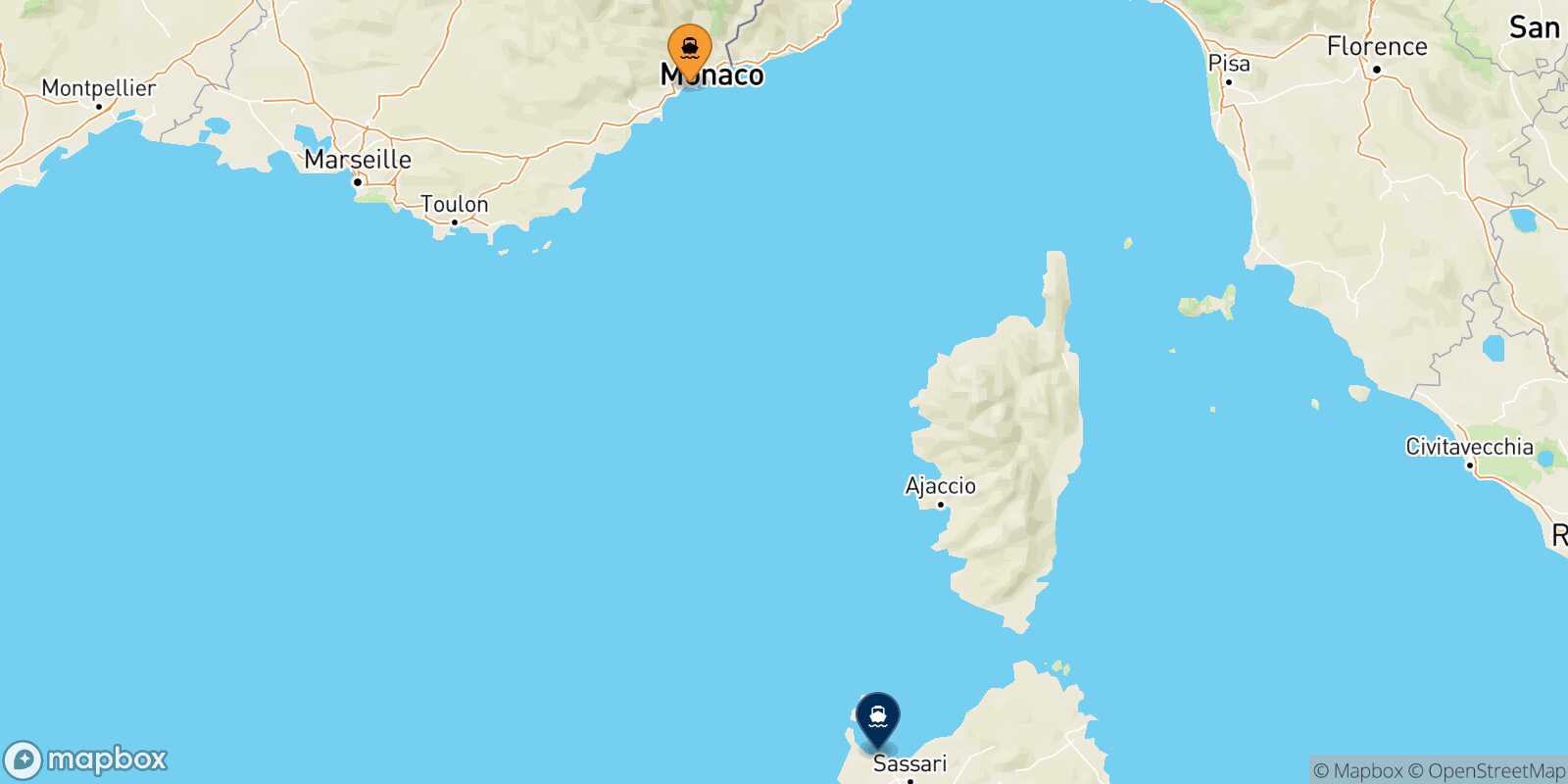 Mapa de la ruta Niza Porto Torres