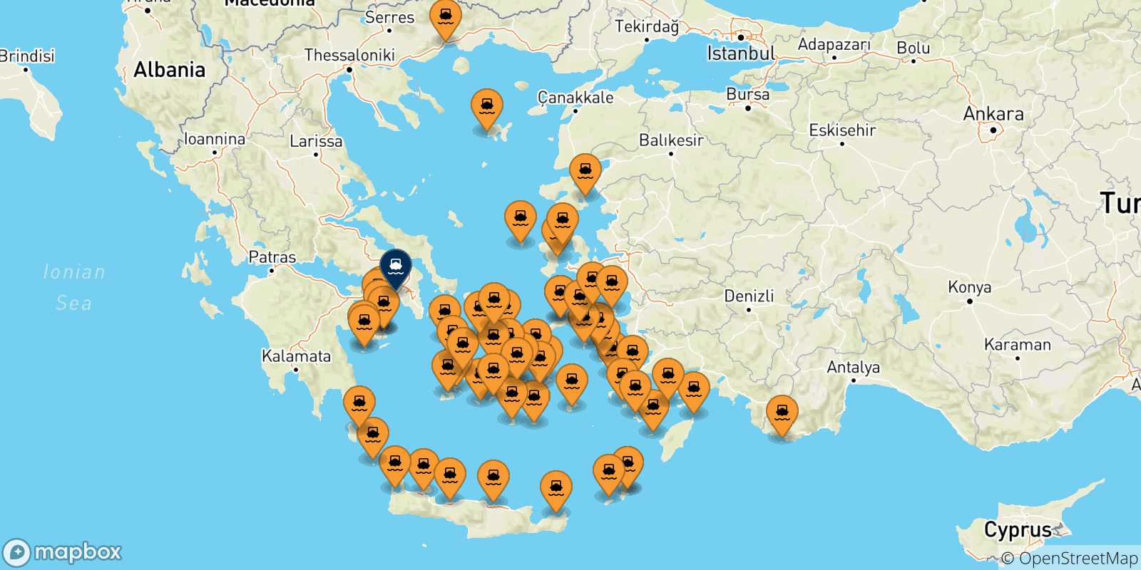 Mapa de las posibles rutas entre Grecia y  El Pireo