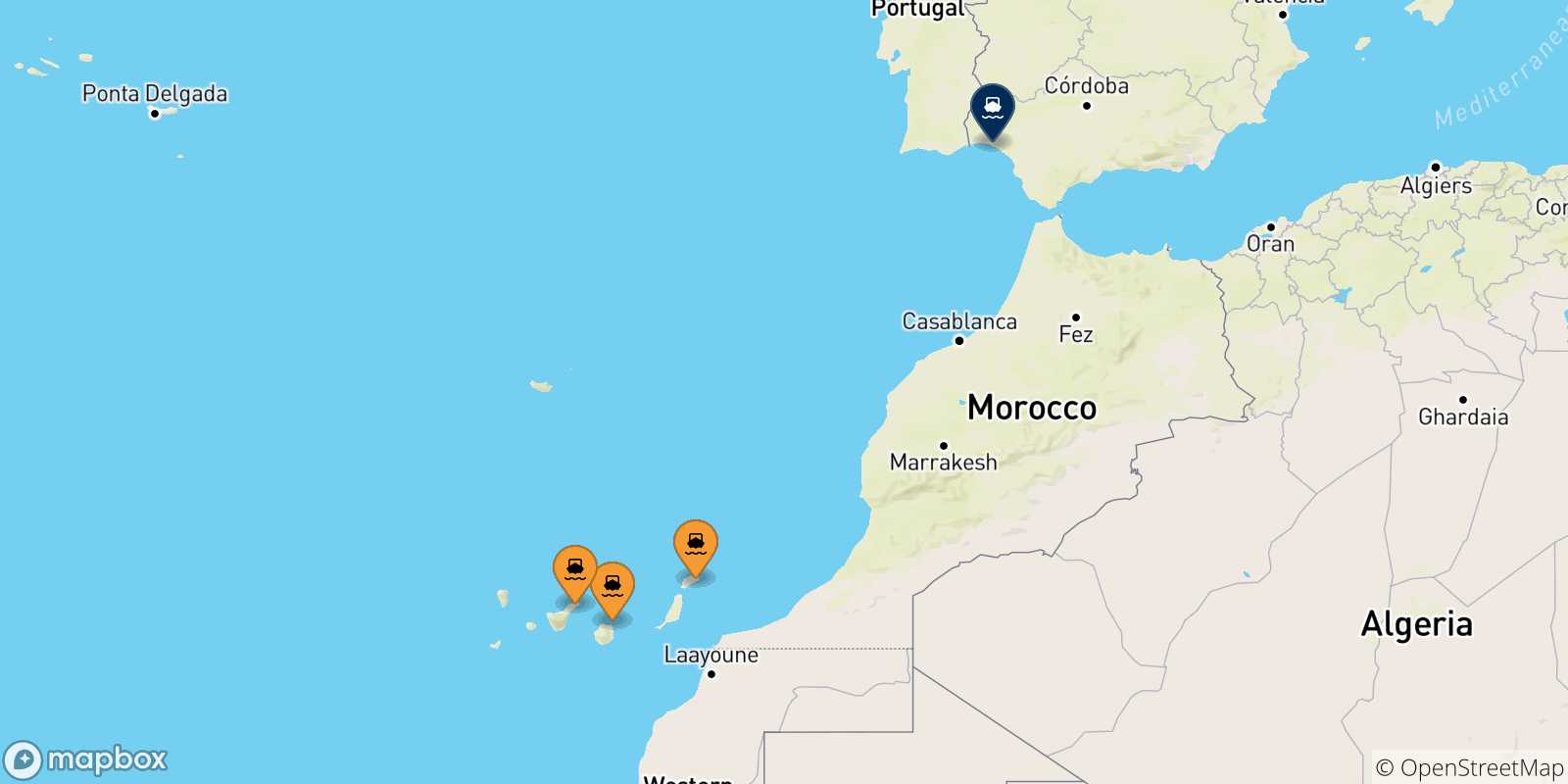 Mapa de las posibles rutas entre Islas Canarias y  Huelva