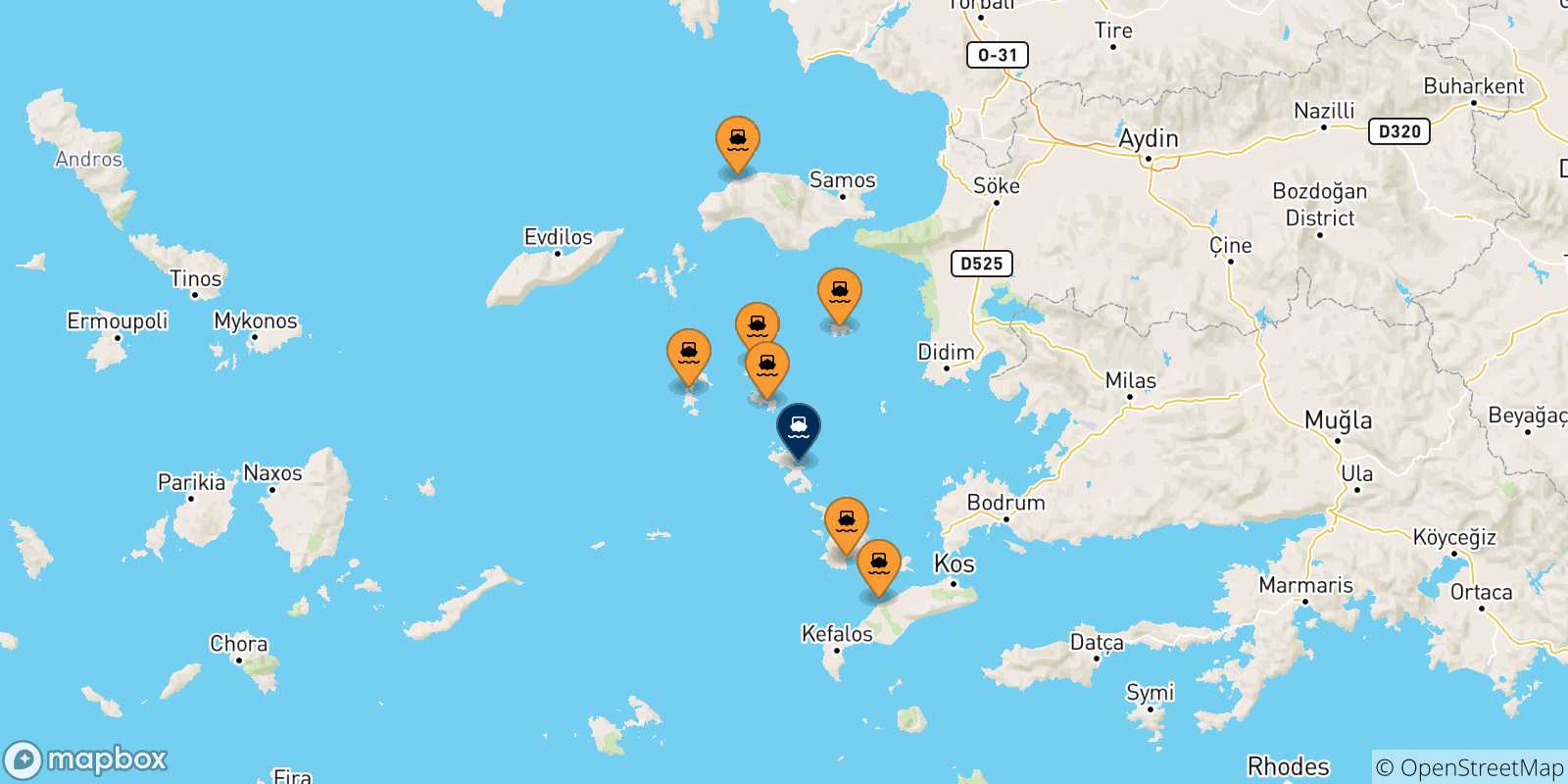 Mapa de las posibles rutas entre Grecia y  Agia Marina (Leros)