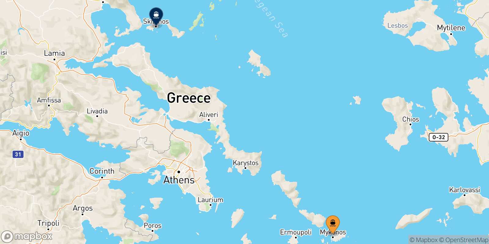 Mapa de los destinos alcanzables de Mykonos