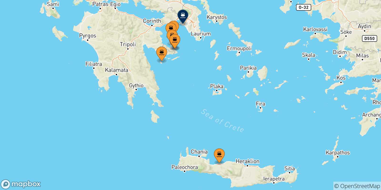 Mapa de las posibles rutas entre Islas Sarónicas y  El Pireo