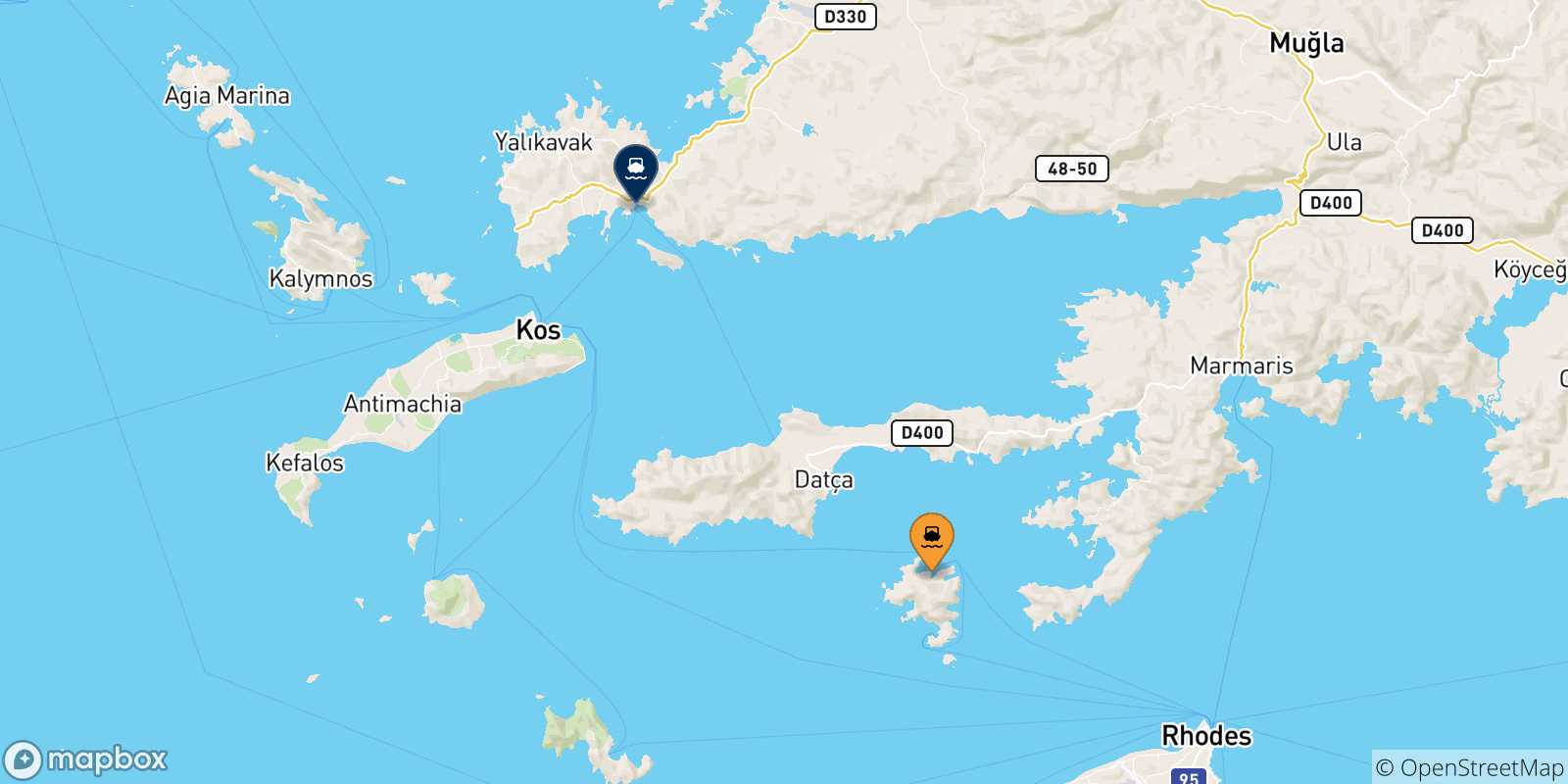 Mapa de las posibles rutas entre Symi y  Turquía