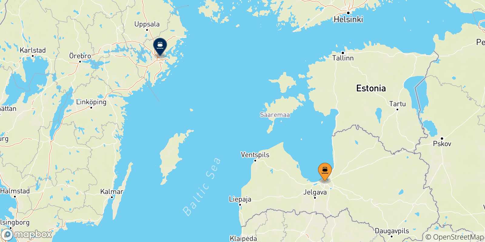 Mapa de las posibles rutas entre Letonia y  Estocolmo