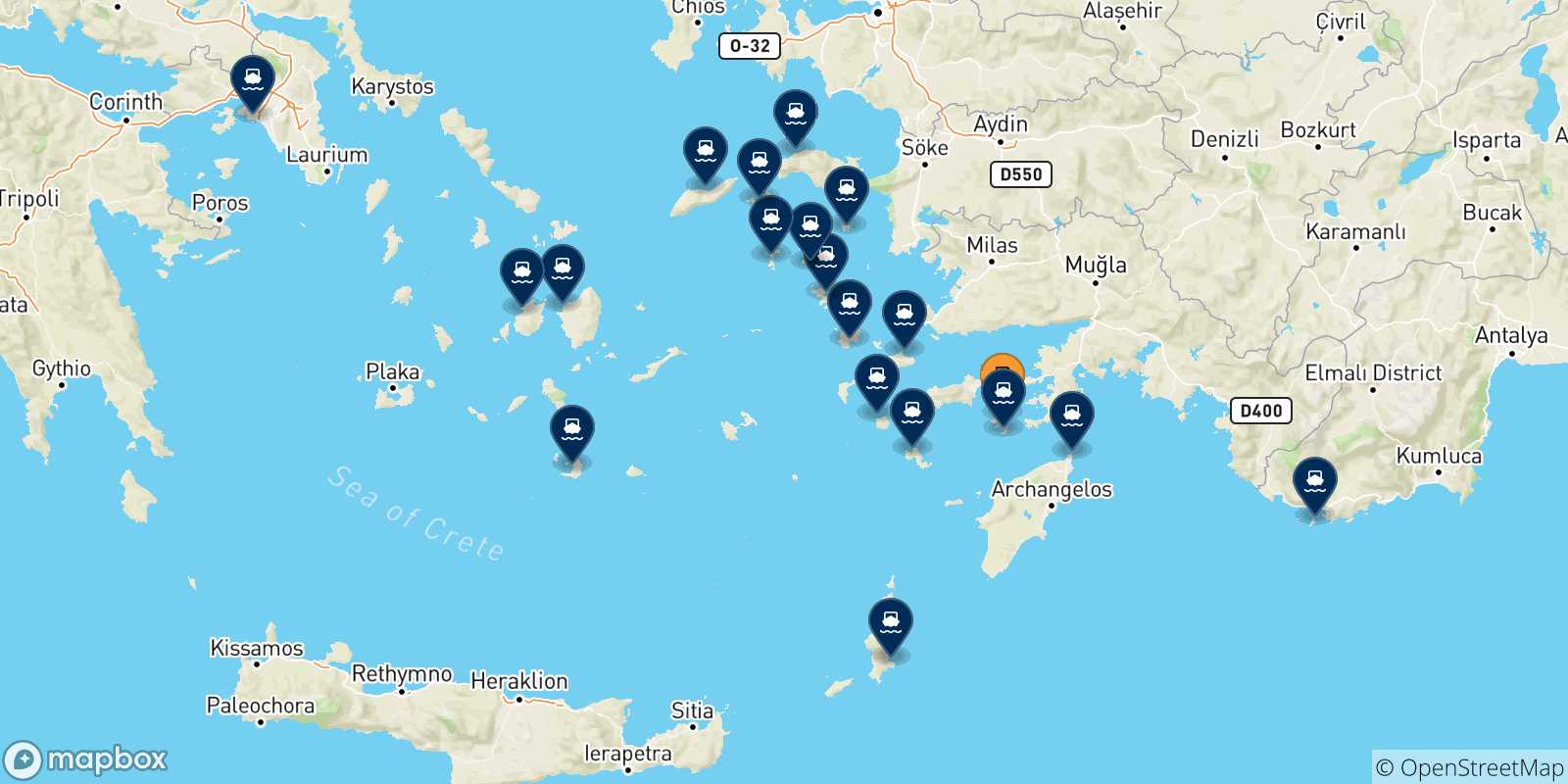 Mapa de las posibles rutas entre Symi y  Grecia