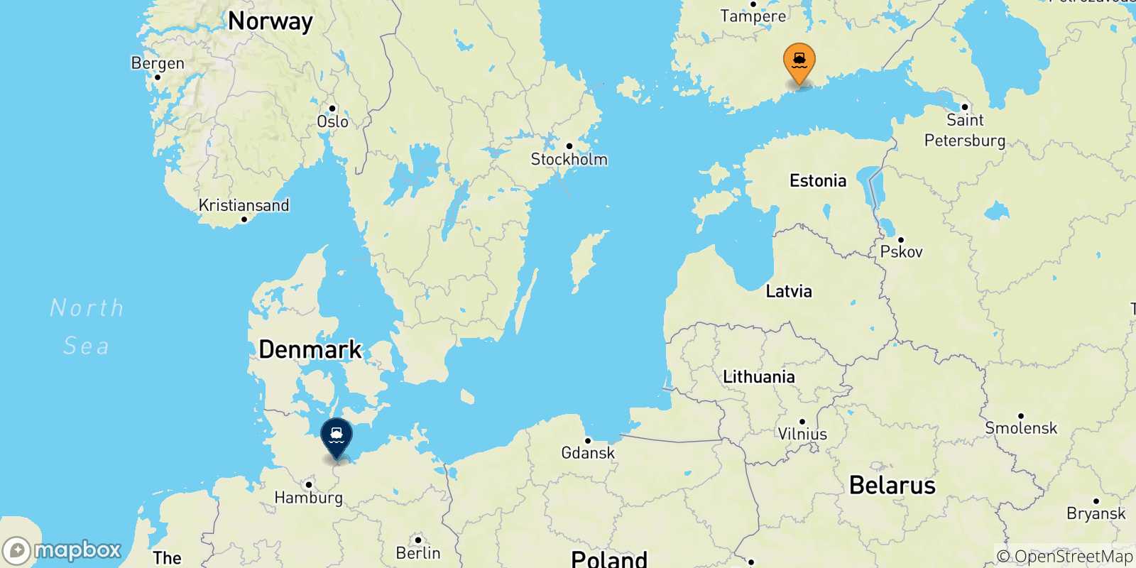 Mapa de las posibles rutas entre Finlandia y  Alemania