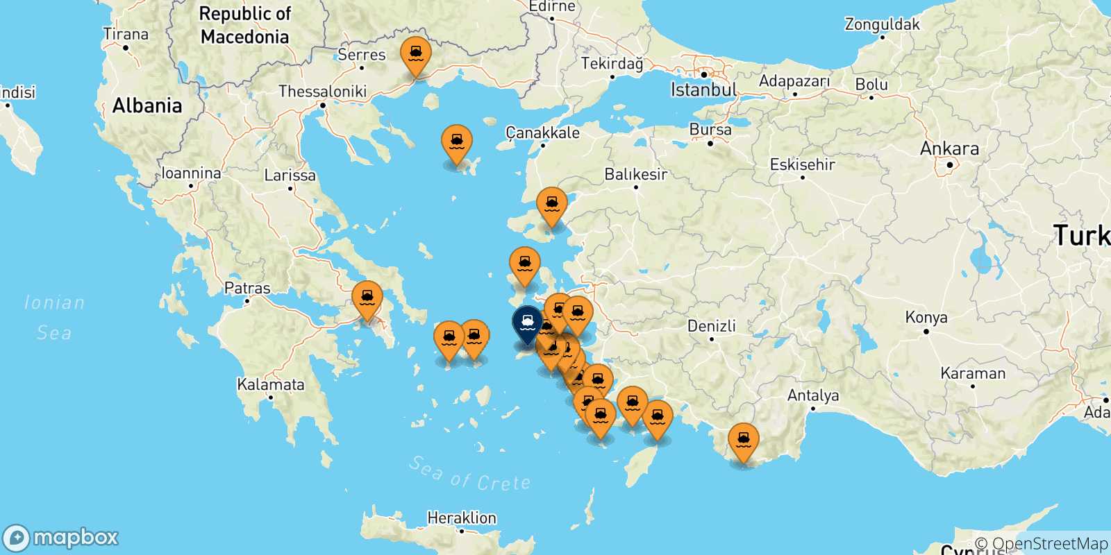 Mapa de las posibles rutas entre Grecia y  Agios Kirikos (Ikaria)