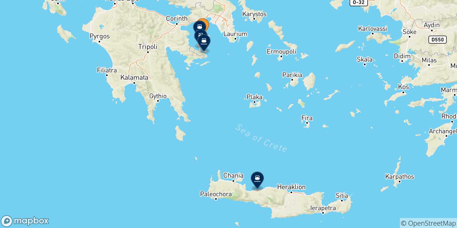 Mapa de las posibles rutas entre Aegina y  Islas Sarónicas