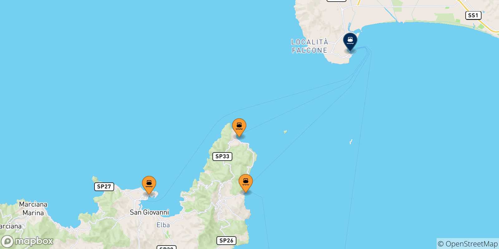Mapa de las posibles rutas entre Isla De Elba y  Piombino