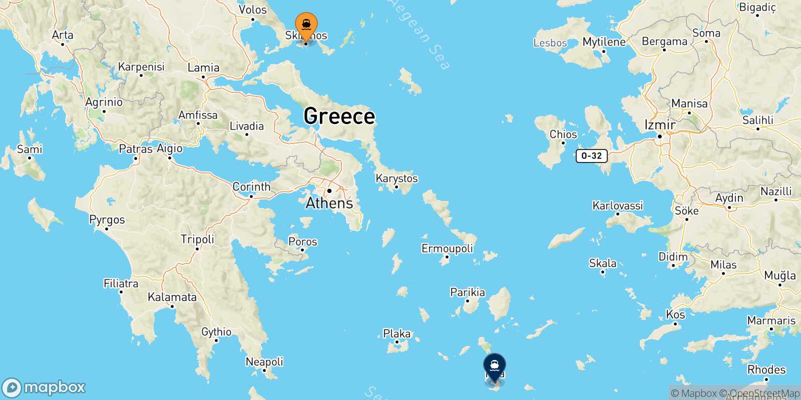Mapa de la ruta Skiathos Santorini