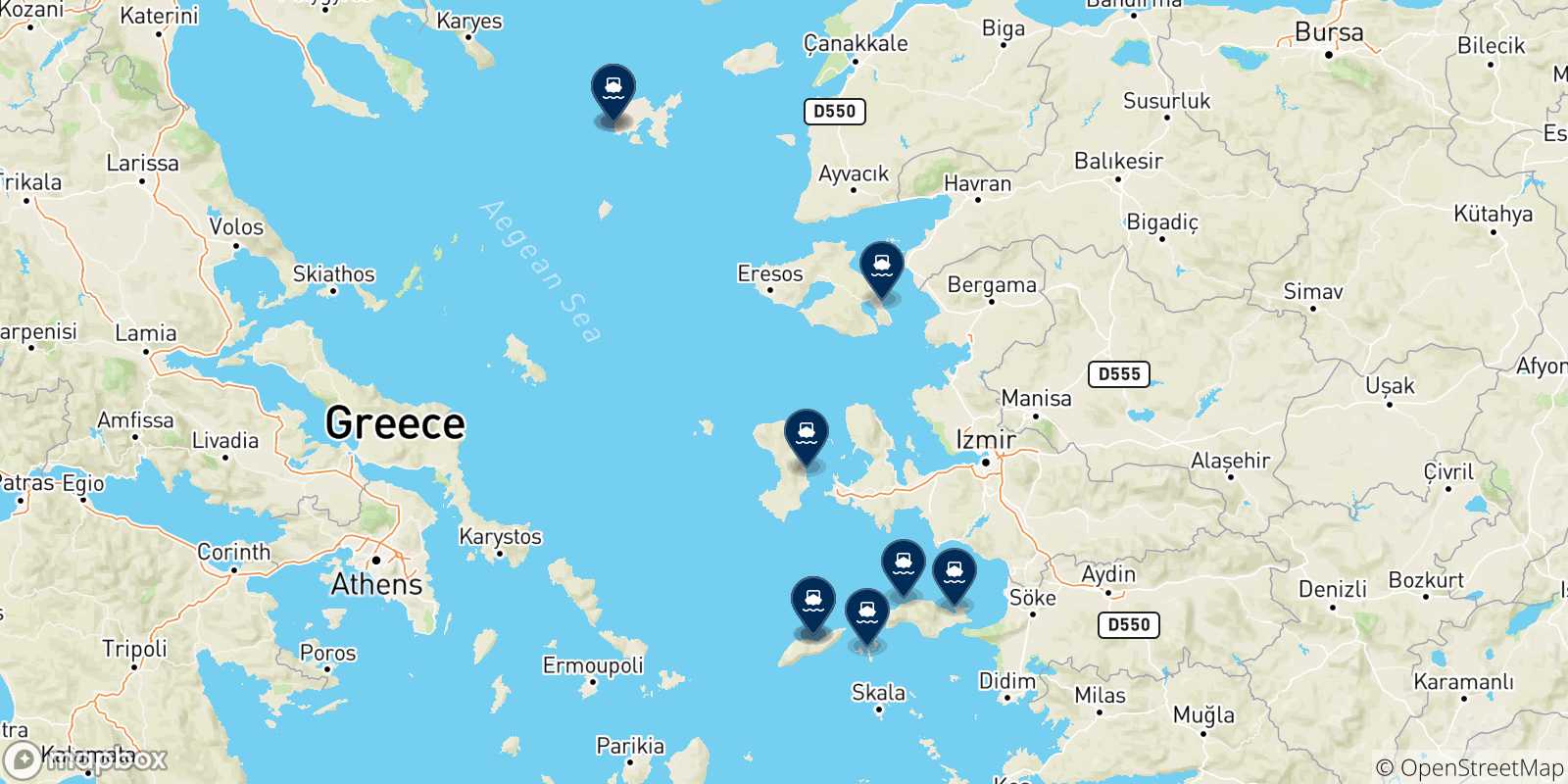 Mapa de las posibles rutas entre Mirina (Limnos) y  Islas Del Egeo