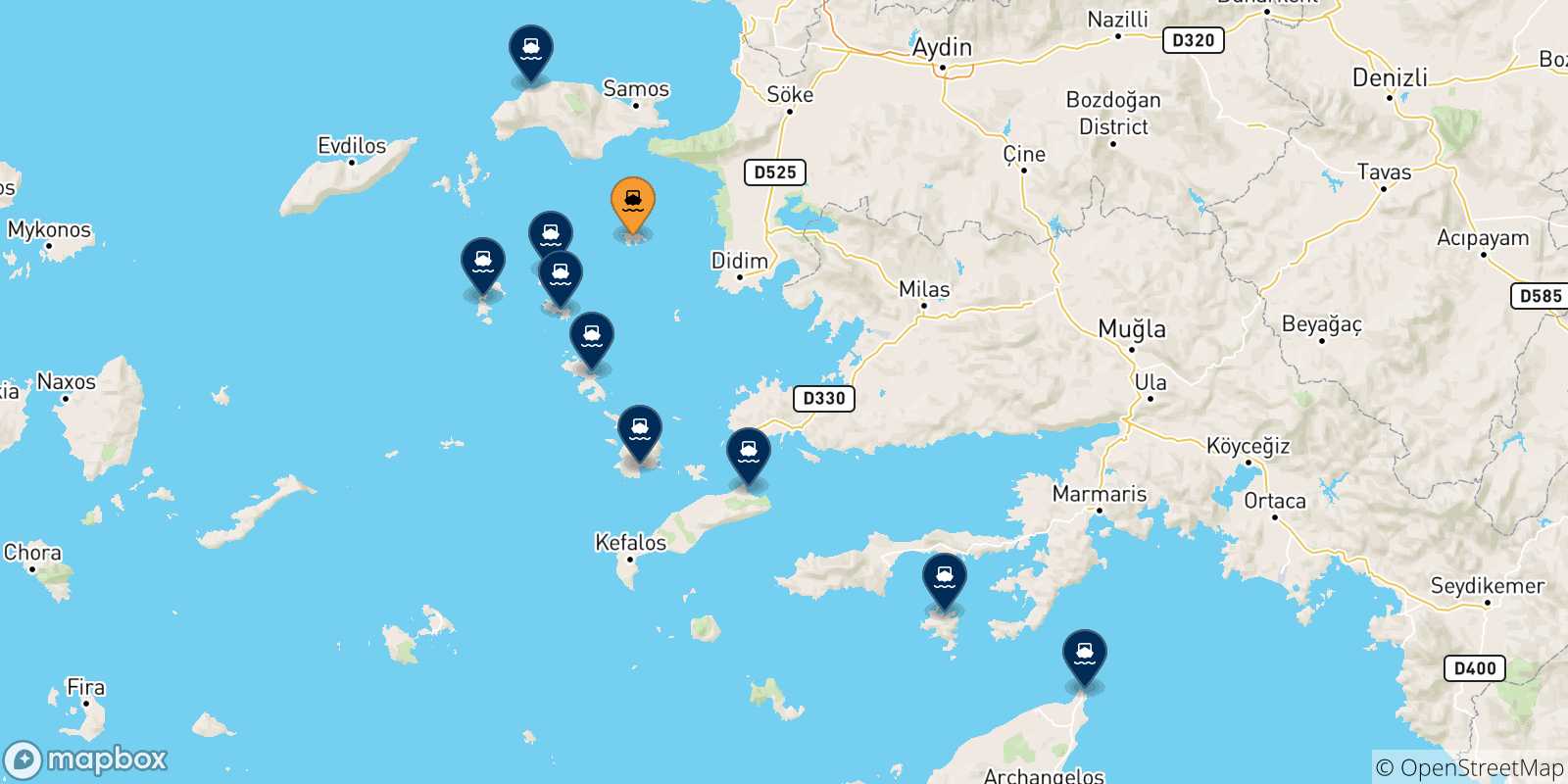 Mapa de las posibles rutas entre Agathonisi y  Grecia