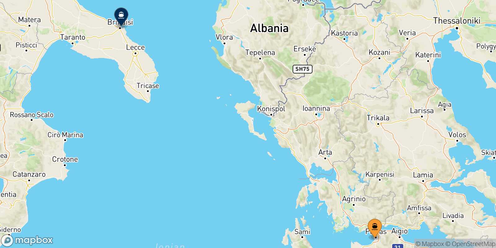 Mapa de la ruta Patras Brindisi