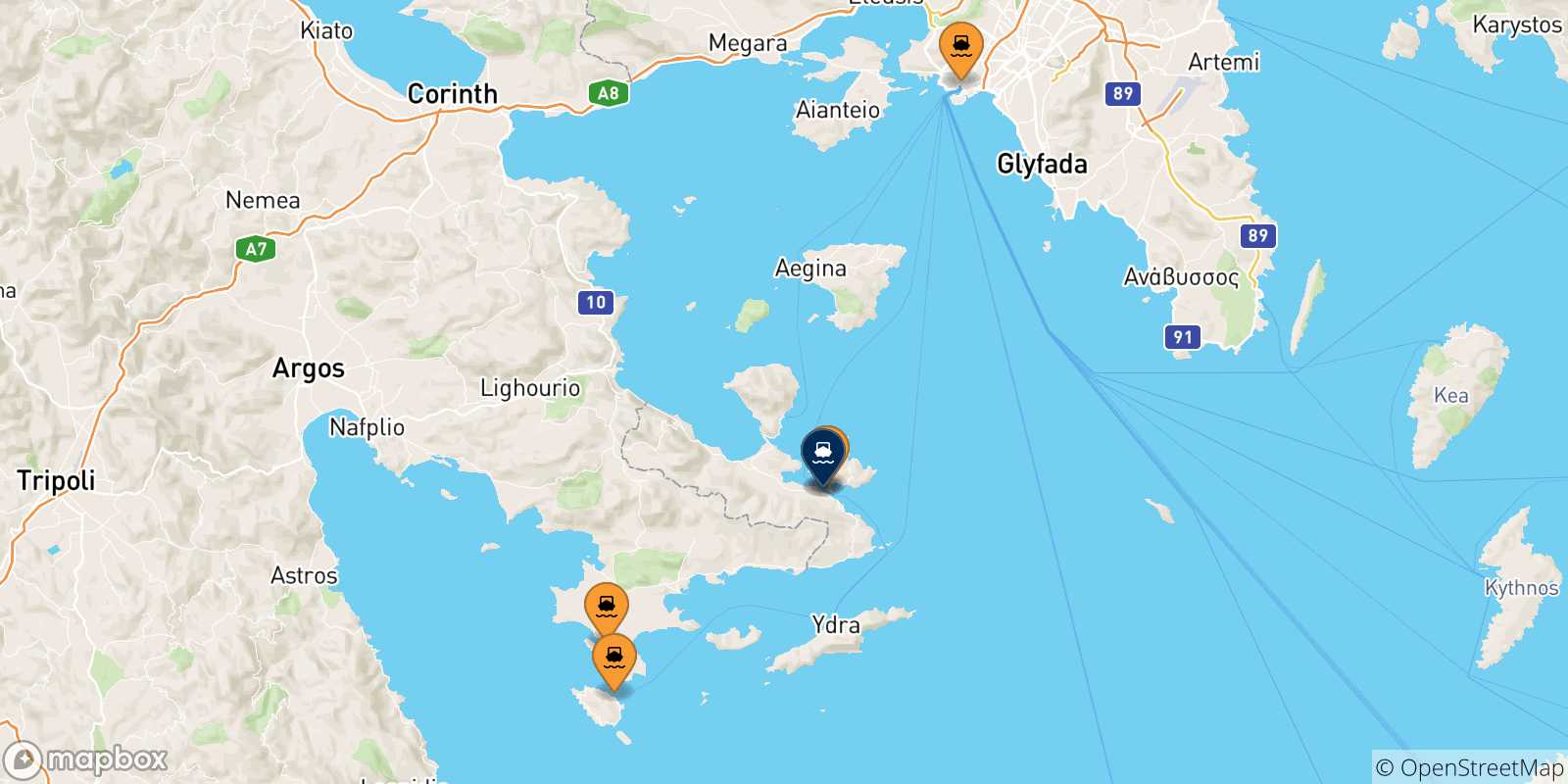Mapa de las posibles rutas entre Grecia y  Hydra
