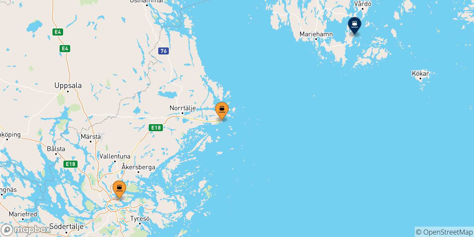 Mapa de las posibles rutas entre Suecia y  Långnäs