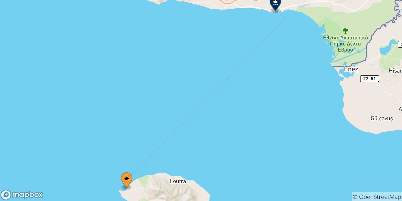 Mapa de las posibles rutas entre Islas Del Egeo y  Alexandroupoli