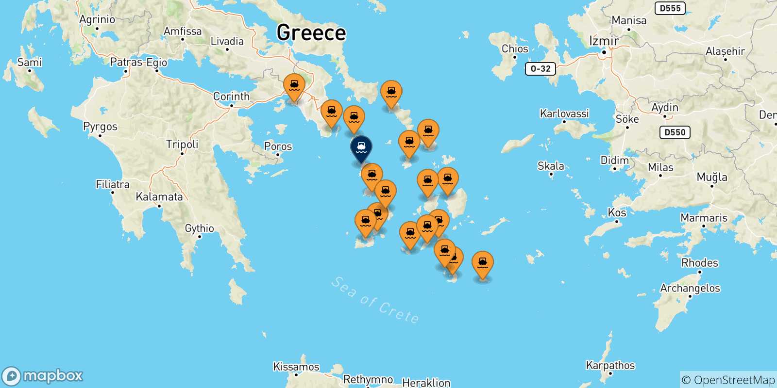 Mapa de las posibles rutas entre Grecia y  Kythnos