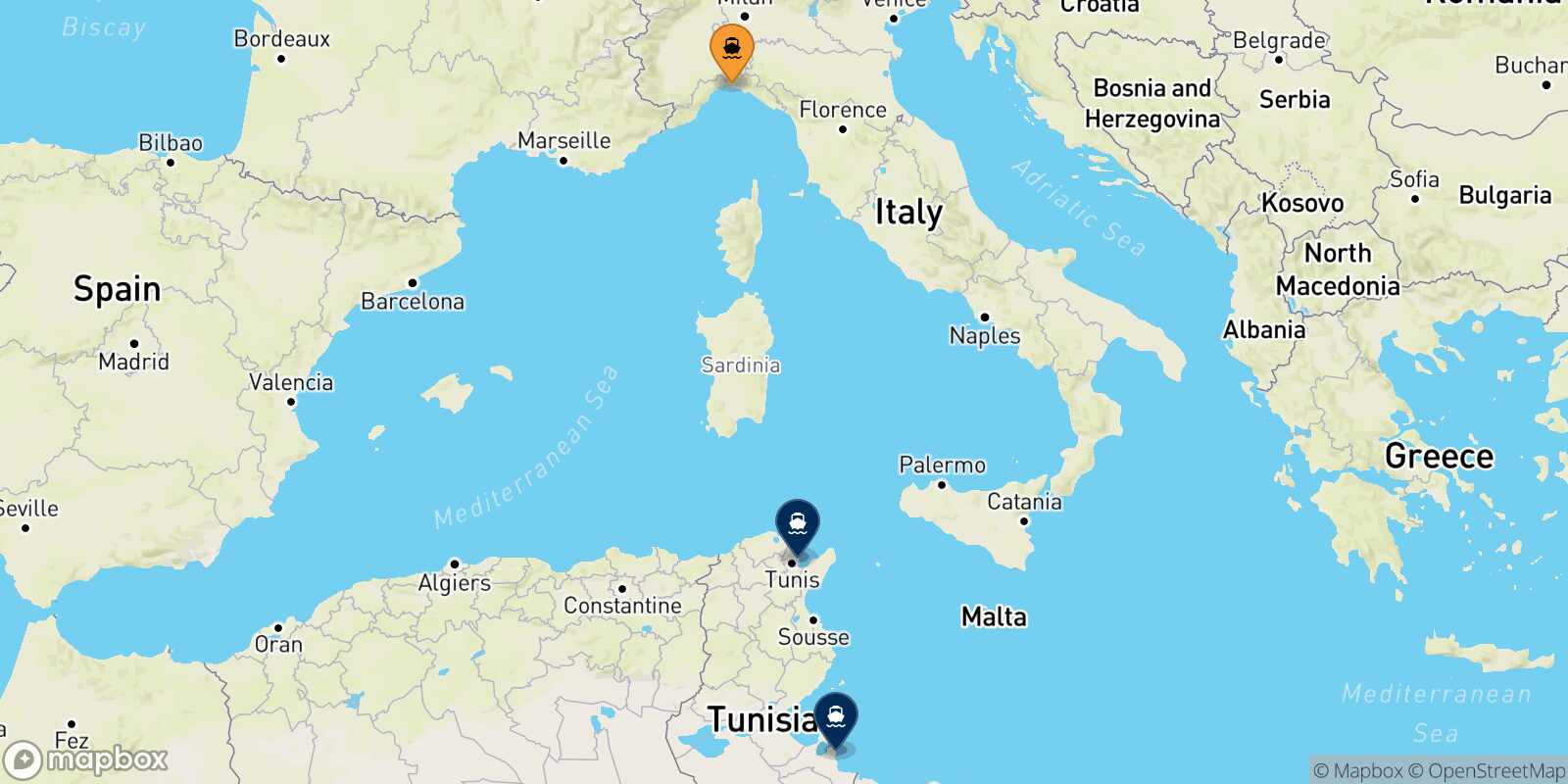 Mapa de los destinos alcanzables de Genova