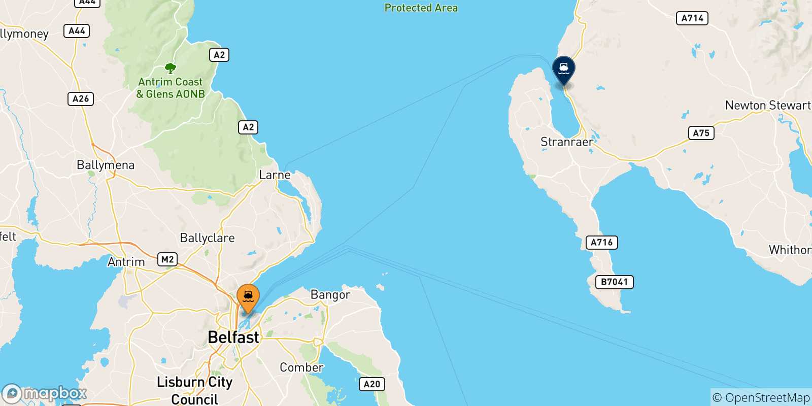 Mapa de las posibles rutas entre Irlanda Del Norte y  Cairnryan