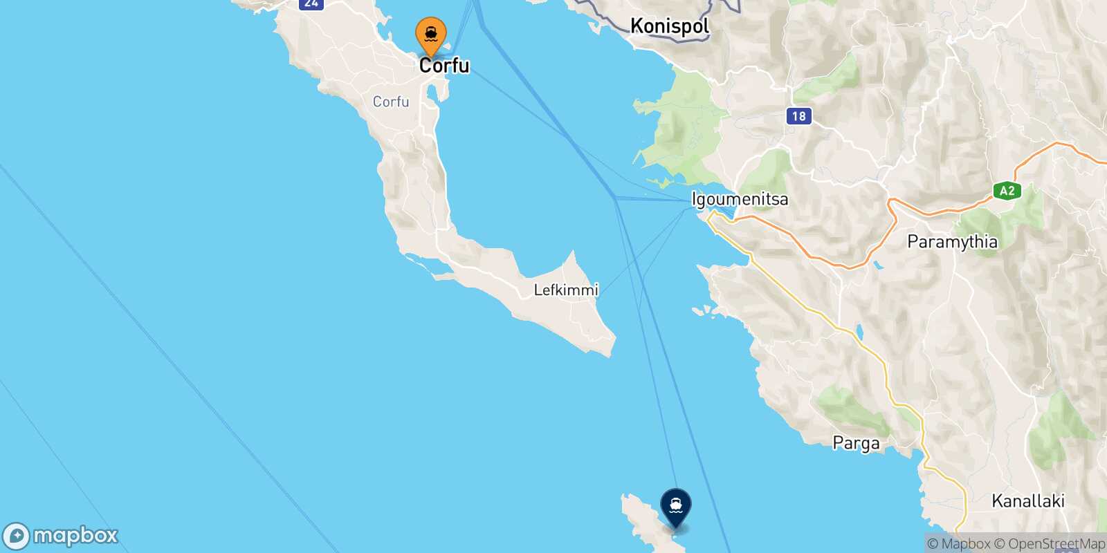 Mapa de la ruta Corfu Paxos
