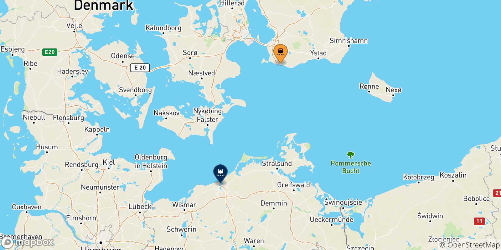Mapa de las posibles rutas entre Suecia y  Rostock