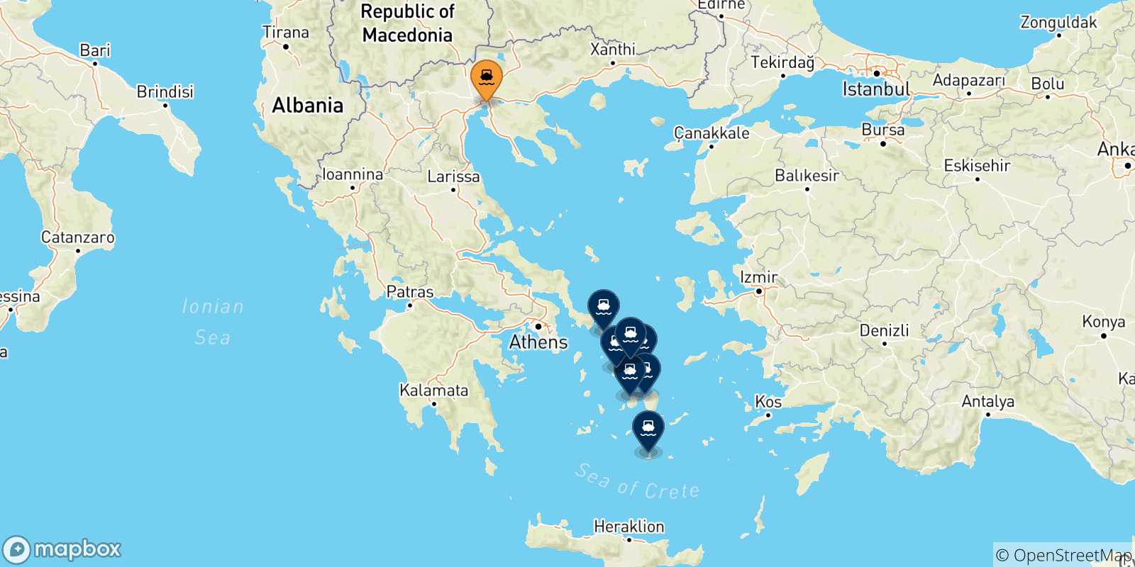 Mapa de las posibles rutas entre Salónica y  Las Cicladas