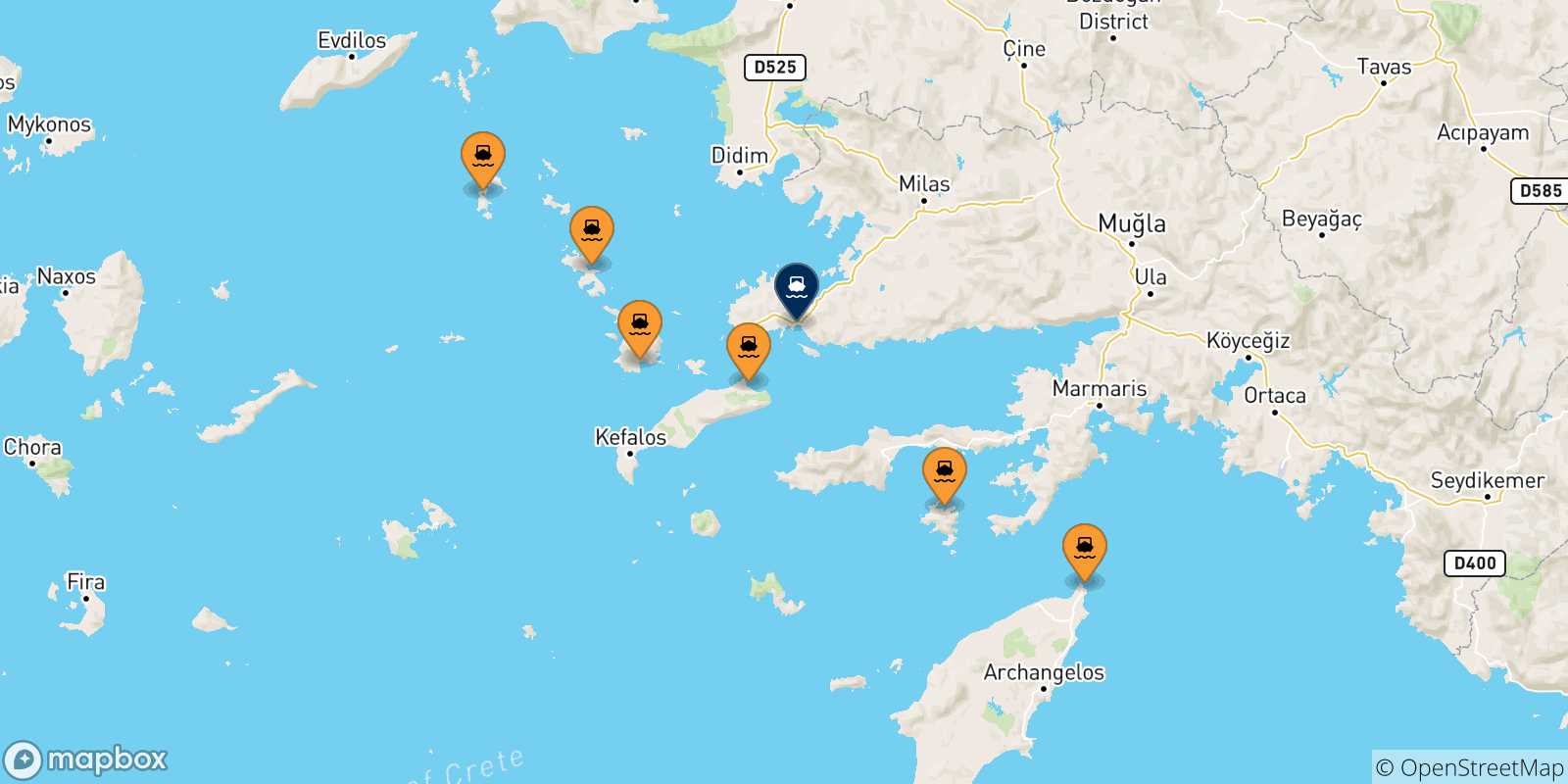 Mapa de las posibles rutas entre Grecia y  Bodrum