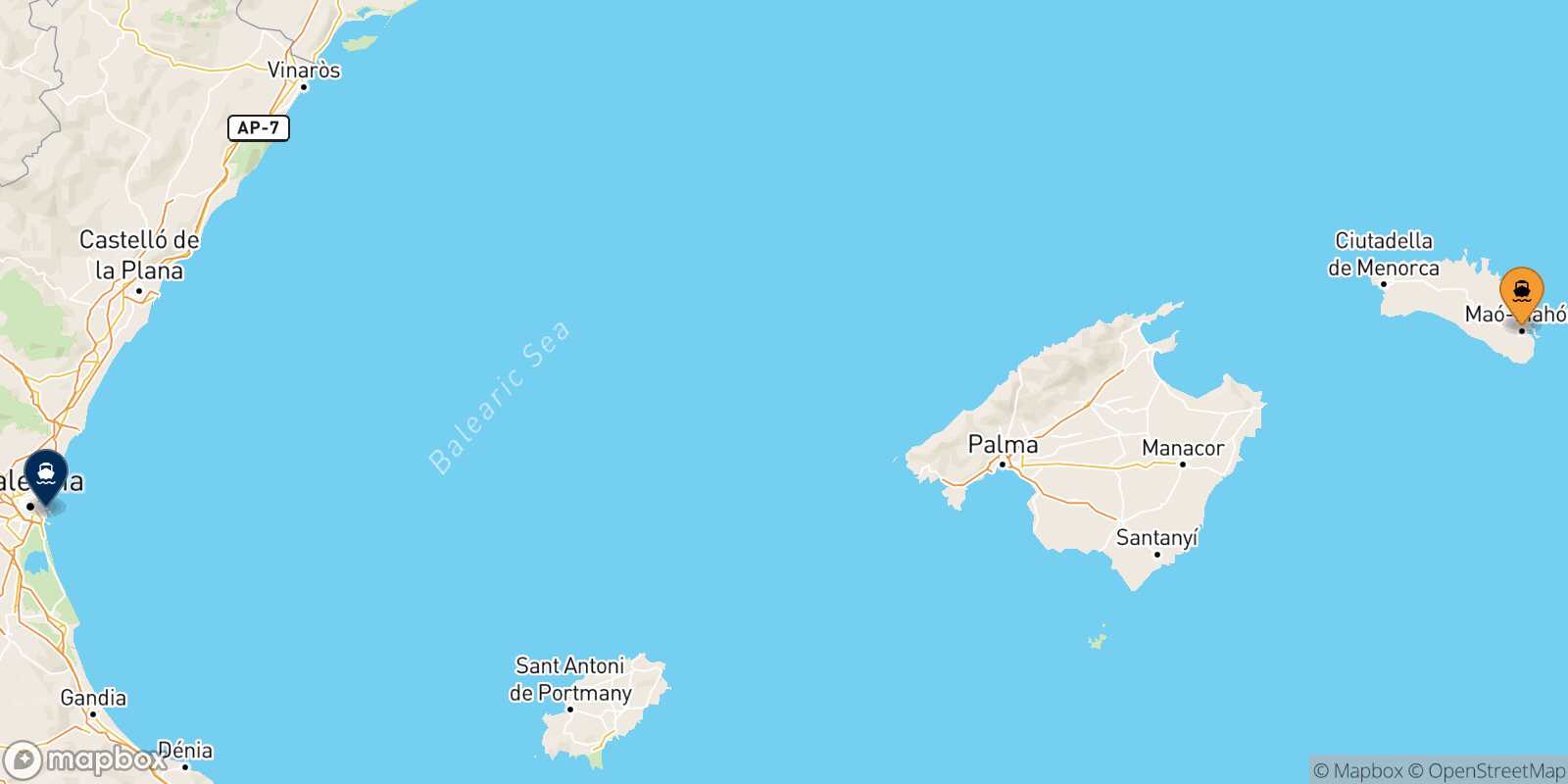 Mapa de la ruta Mahon (Menorca) Valencia