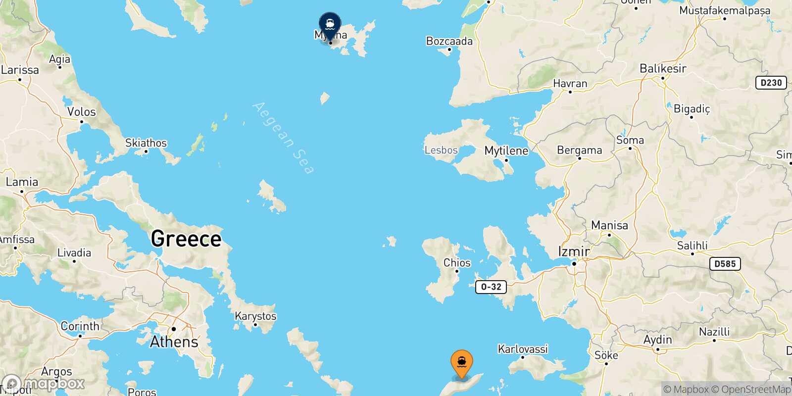 Mapa de la ruta Evdilos (Ikaria) Mirina (Limnos)