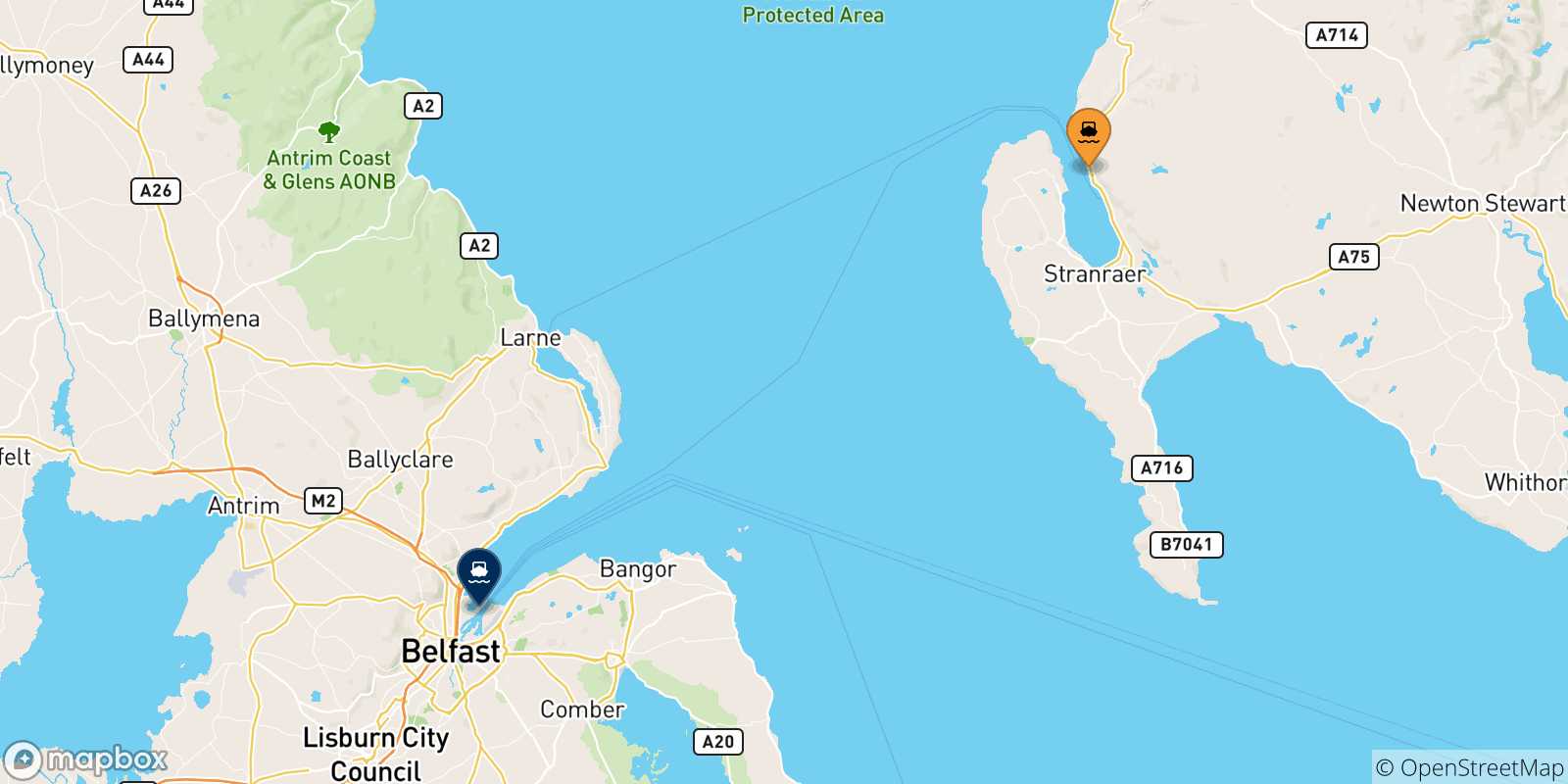 Mapa de las posibles rutas entre Cairnryan y  Irlanda Del Norte