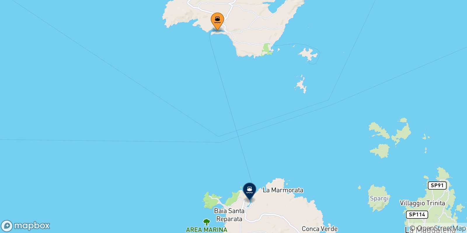 Mapa de las posibles rutas entre Bonifacio y  Cerdeña