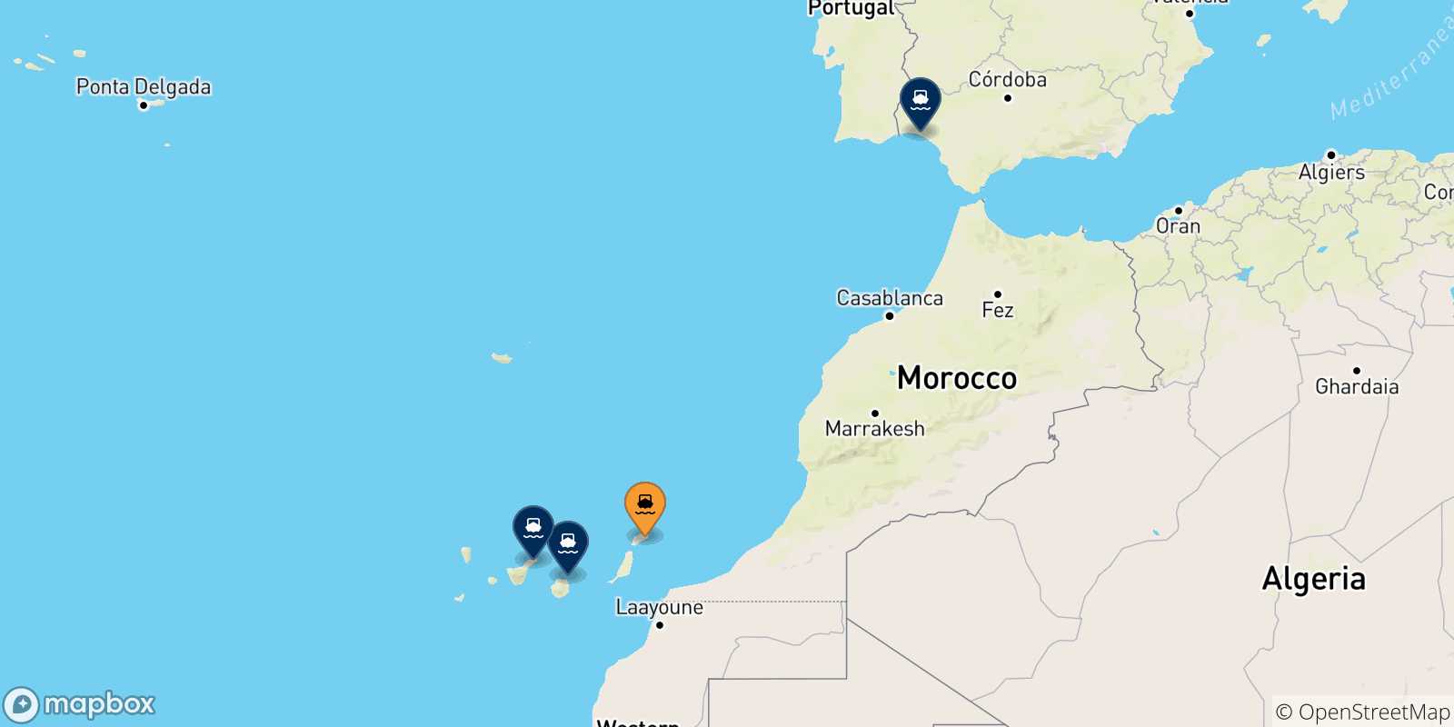 Mapa de las posibles rutas entre Arrecife (Lanzarote) y  España