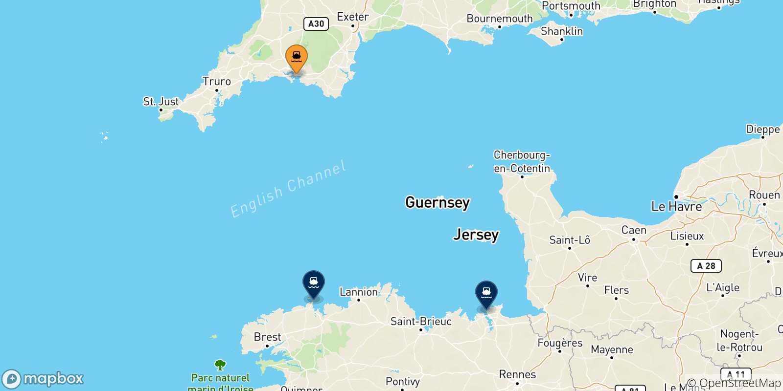 Mapa de las posibles rutas entre Plymouth y  Francia