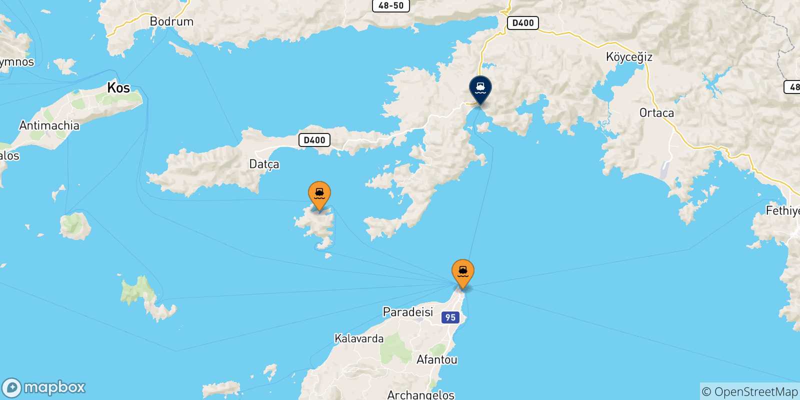 Mapa de las posibles rutas entre Grecia y  Marmaris