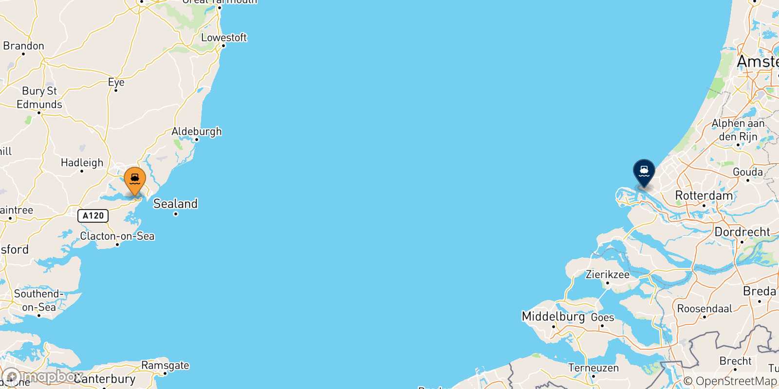 Mapa de las posibles rutas entre Reino Unido y  Hoek Van Holland