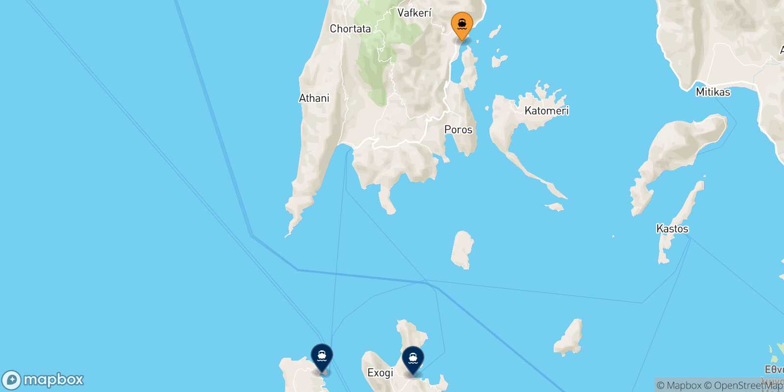 Mapa de los destinos alcanzables de Nydri (Lefkada)