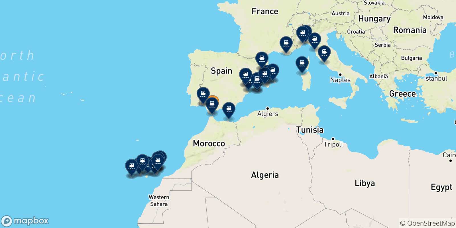 Mapa de los destinos alcanzables de España