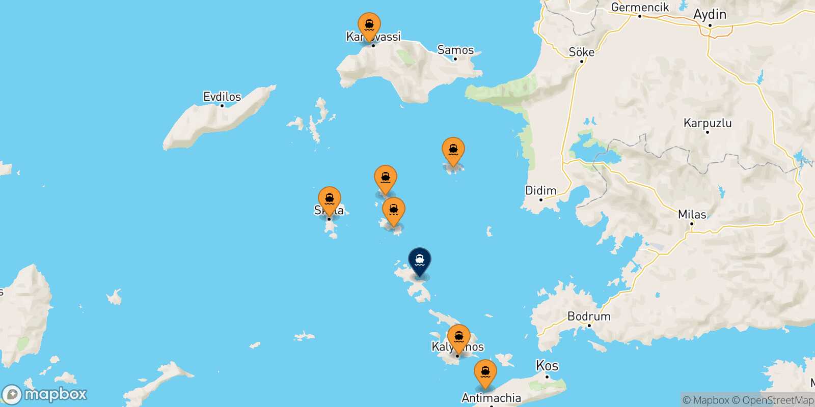 Mapa de los puertos conectados con  Agia Marina (Leros)