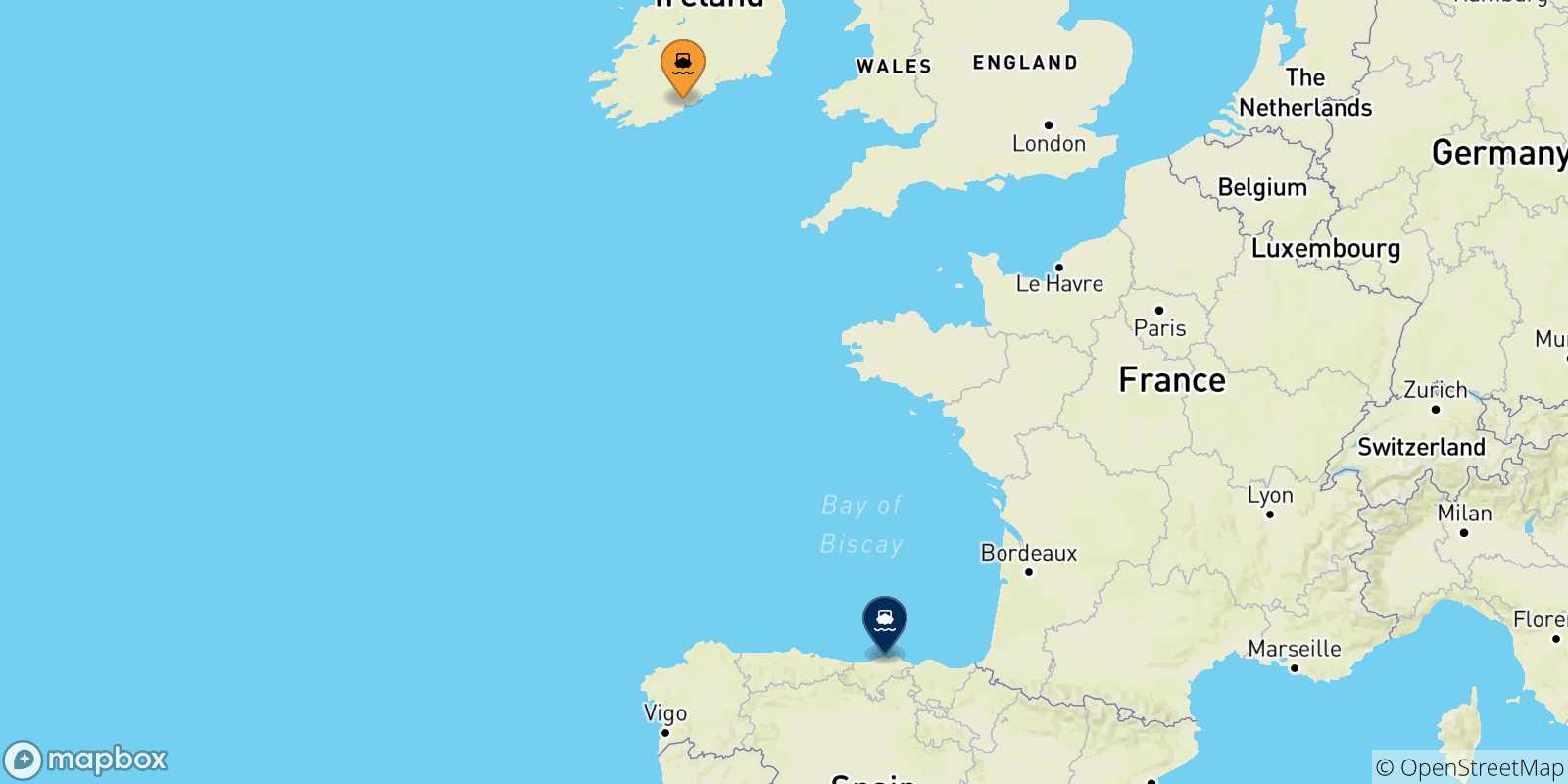 Mapa de las posibles rutas entre Irlanda y  Santander