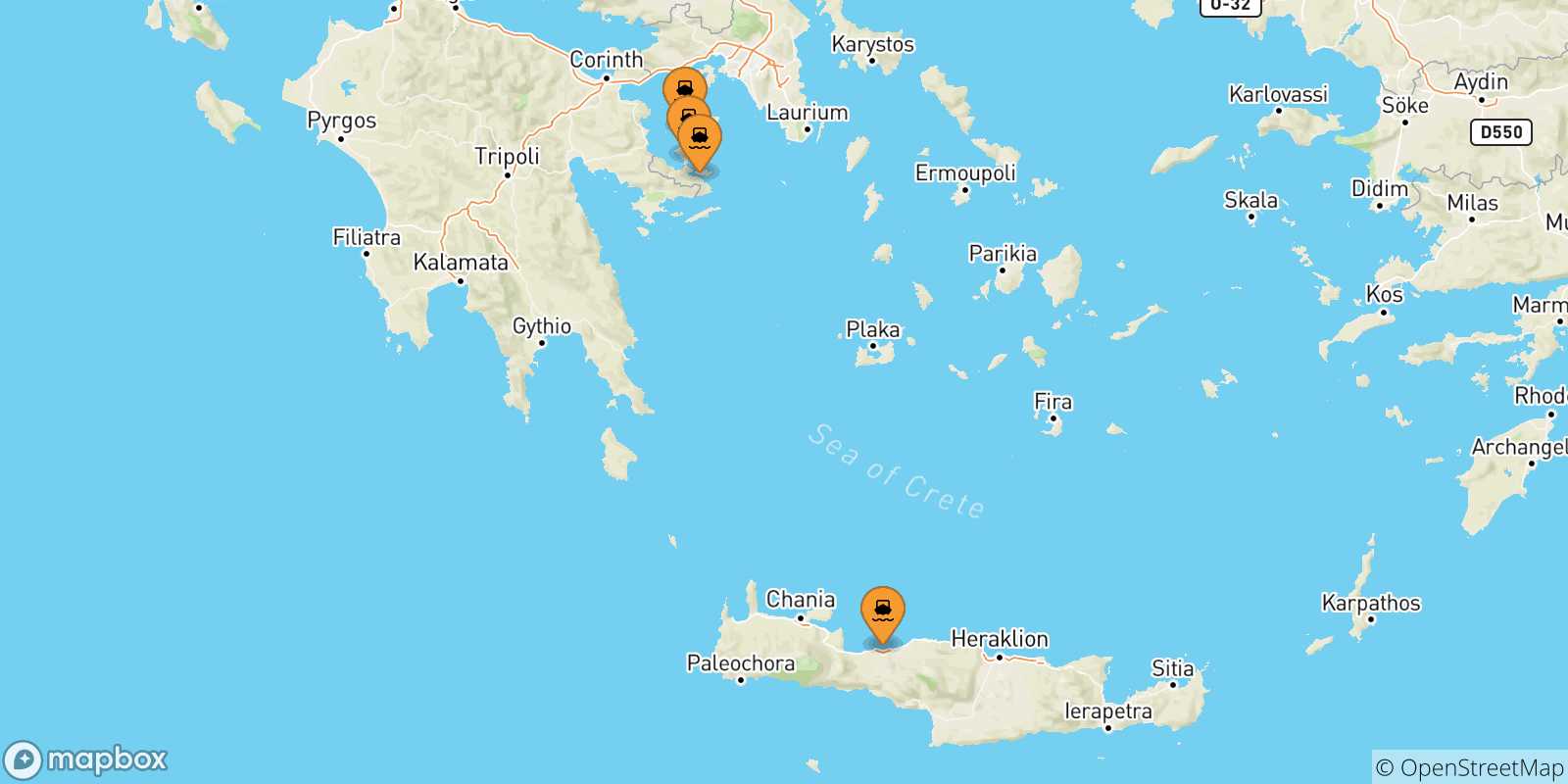 Mapa de las posibles rutas entre Islas Sarónicas y  Aegina
