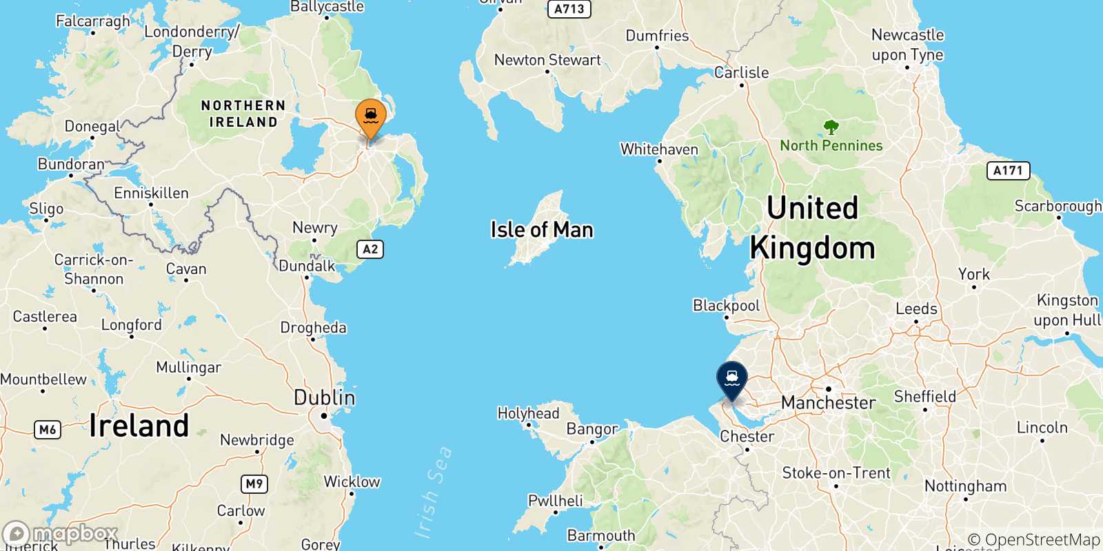 Mapa de las posibles rutas entre Reino Unido y  Inglaterra