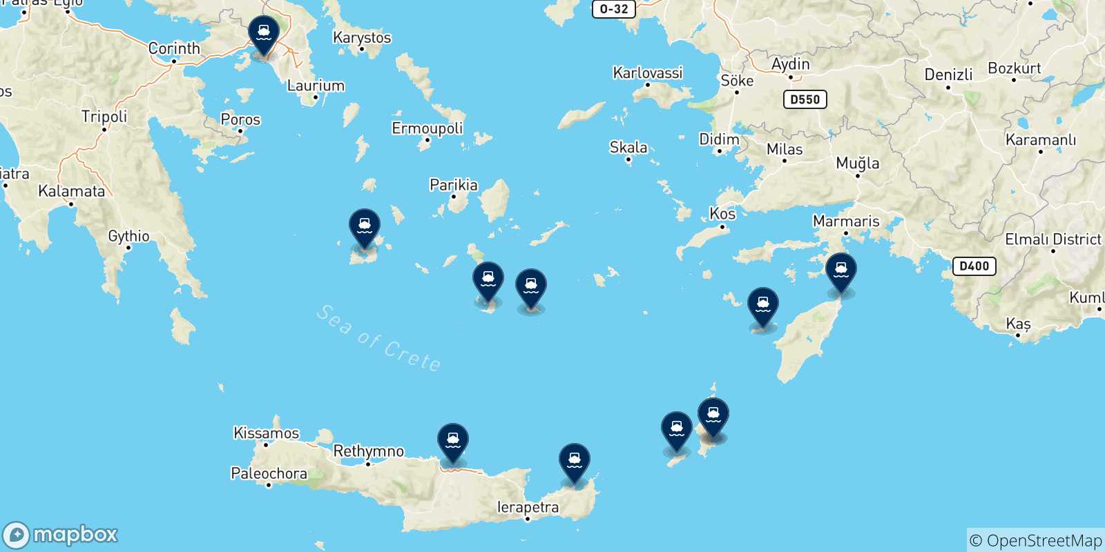 Mapa de las posibles rutas entre Diafani (Karpathos) y  Grecia