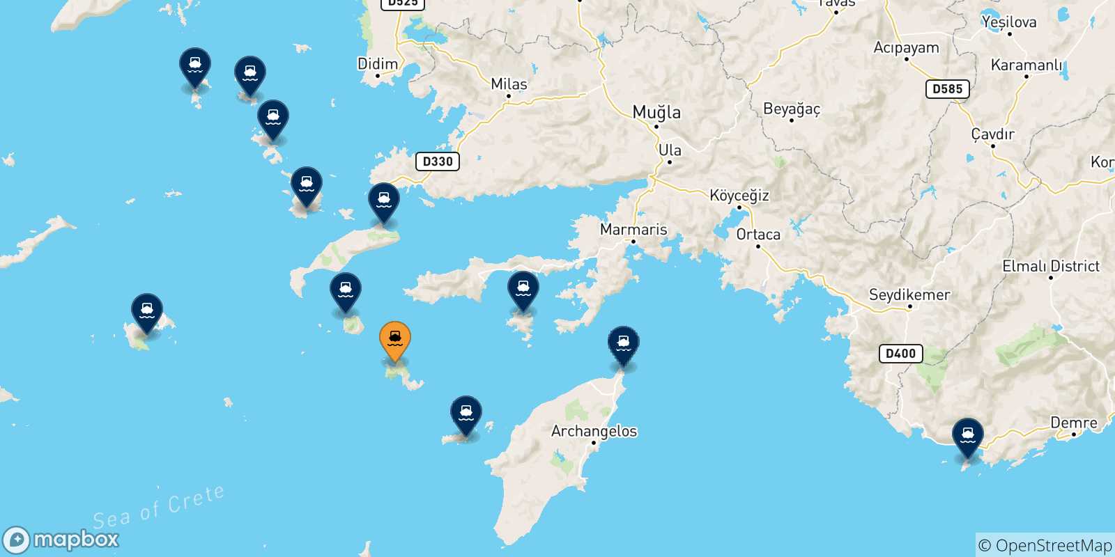 Mapa de las posibles rutas entre Tilos y  Dodecaneso