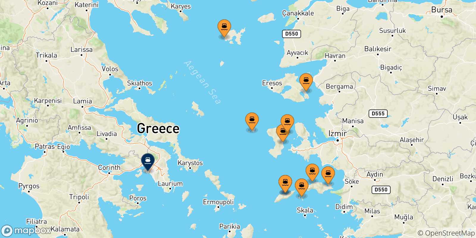 Mapa de las posibles rutas entre Islas Del Egeo y  El Pireo
