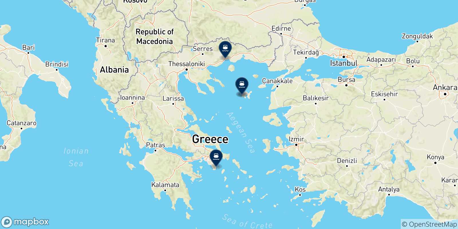 Mapa de las posibles rutas entre Agios Efstratios y  Grecia